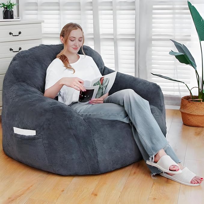 Giant Bean Bag Chair, Oversized Bean Bag Chairs for Adults and Kids, Gaming Chair Stuffed Memory Foam | Storage | Non-Slip, Removable Bean Bag Sofa Comfy Chair for Bedroom, Livingroom (Grey)-HomvellaHome