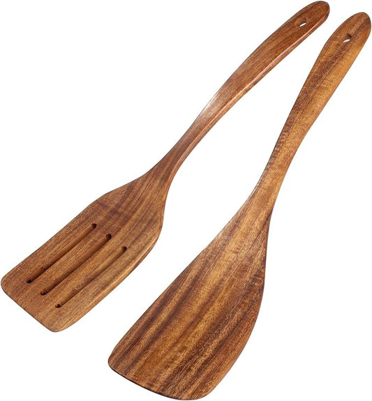 2 Pack Wooden Spatula, Acacia Wood Long Handle Flat Frying Turner, Handmade wooden spoons for cooking, Kitchen Utensil set, Non-Stick Cooking Spurtle Utensils for kitchen use-HomvellaHome