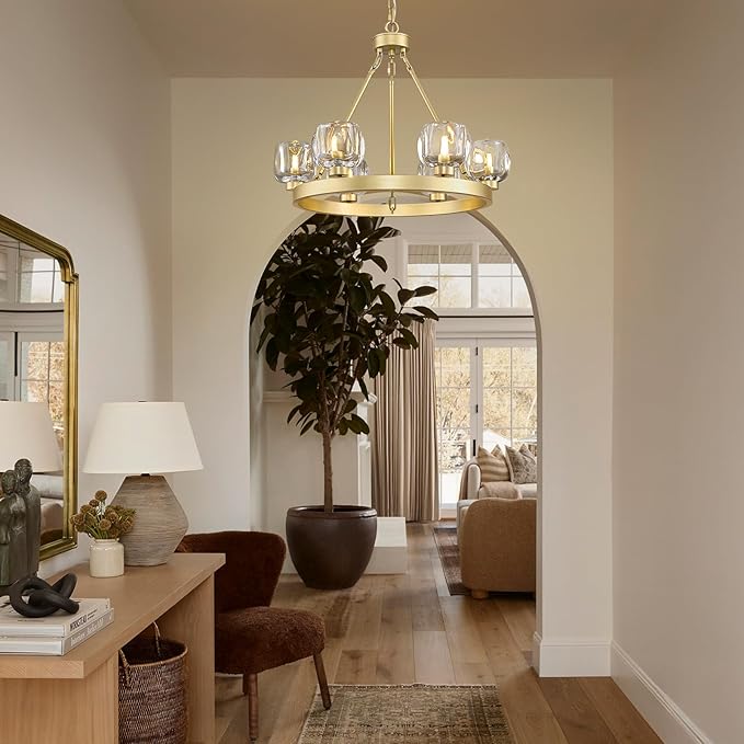 Gold Wagon Wheel Chandelier, 24 Inch Brass Chandeliers with Unique Glass Shade, 6-Light Crystal Farmhouse Wagon Wheel Chandeliers for Dining Room, Round Chandelier for Living Room, Foyer, Entryway-HomvellaHome