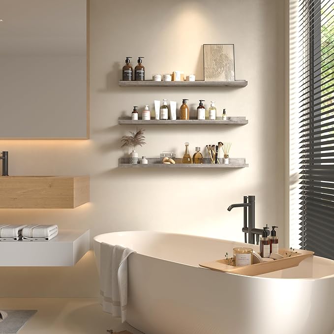 Giftgarden 36 Inch Grey Floating Shelves for Wall Mount, Gray Wood Wall Shelf Ledge for Bathroom Bedroom Living Room Kitchen Storage, Set of 3 Different Sizes-HomvellaHome