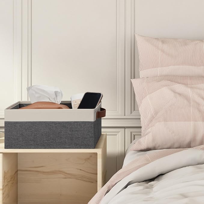 GhvyenntteS Small Fabric Storage Bins 12 Pack, Storage Basket with Leather Handles, Closet Storage Bins for Shelves, Storage Baskets for Shelves, Home, Office (Grey/White, 11.8" x 7.87" x 5.11")-HomvellaHome