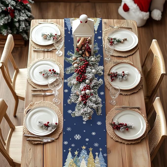 GEEORY Christmas Table Runner 13x72 Inch, Xmas Trees Snowflakes Holiday Decorative Farmhouse Table Decoration for Kitchen Dinning, Indoor Outdoor Dinner Party Decor (Blue) GT151-72-HomvellaHome