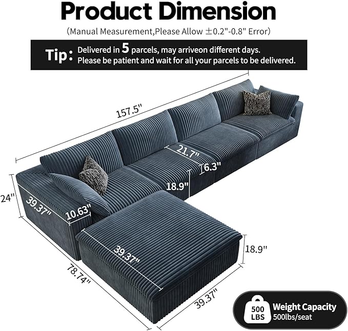 157.5" Cloud Couch Modular Sectional Sofa for Living Room,Modern Sofa with Deep Seat，L-Shape Boneless Couch with Ottoman,Comfy Upholstered Corduroy Couches for Apartment, Studio, Office,Bedroom，Blue-HomvellaHome