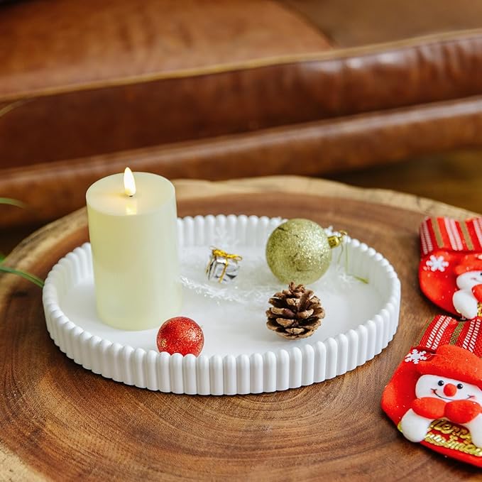 11.8in Decorative Tray for Coffee Table Decor- Modern Oval Concrete Tray for Home Decor- Minimalist Handcrafted Centerpieces Tray for Living Room, Kitchen Dining Table, Entryway (White)-HomvellaHome