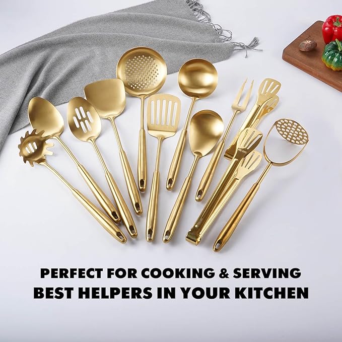 Gold Kitchen Utensils Set, 12 PCS Brass Matte Serving Utensils, 18/10 Stainless Steel All Metal Cooking Tools - Potato Masher, Tongs, Meat Fork, Spatula, Turner, Ladle, Skimmer, Spaghetti Spoon Set-HomvellaHome