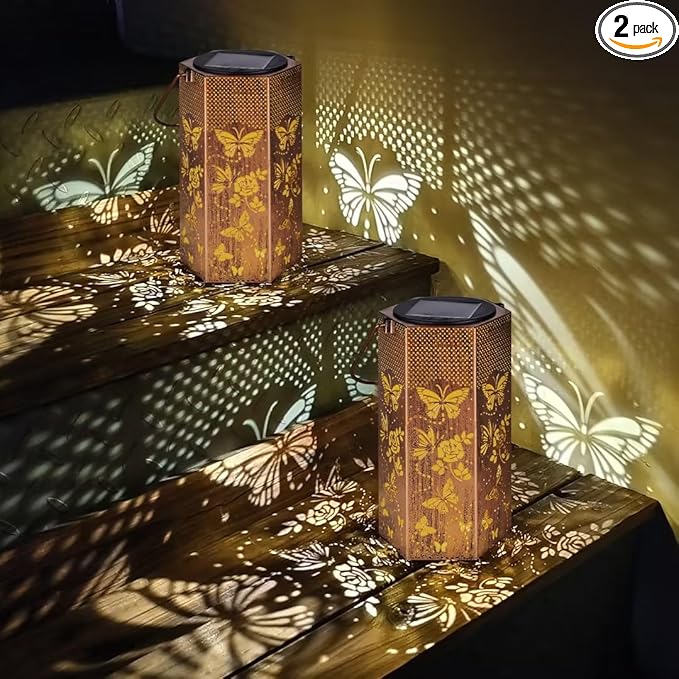 2 Pack Butterfly Solar Lanterns Outdoor Waterproof - Birthday Gifts for Women, Mom, Butterflies Solar Lights Outdoor Hanging Garden Decor for Outside, Patio, Outdoor, Yard, Lawn, Balcony-HomvellaHome