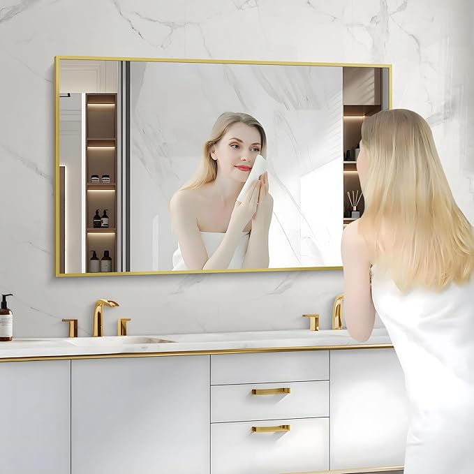 Gold Bathroom Mirror for Wall, 30x48 Inch Rectangle Mirrors with Metal Frame, Modern Vanity Wall Mirror Decor for Bathroom Living Room, Entryway Hangs Horizontal or Vertical-HomvellaHome