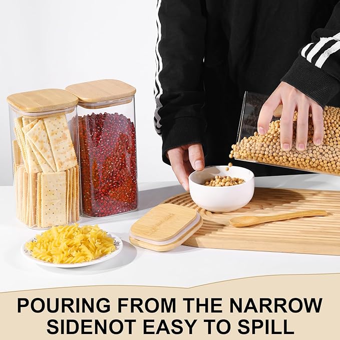 Glass Food Storage Jars with Lids(50oz)Square Set of 3 ,Glass Storage Containers Clear Glass Food Canister with Bamboo Lid Airtight For Serving Tea, Coffee Beans, Flour,Cookie, Cereal,Spice and More-HomvellaHome