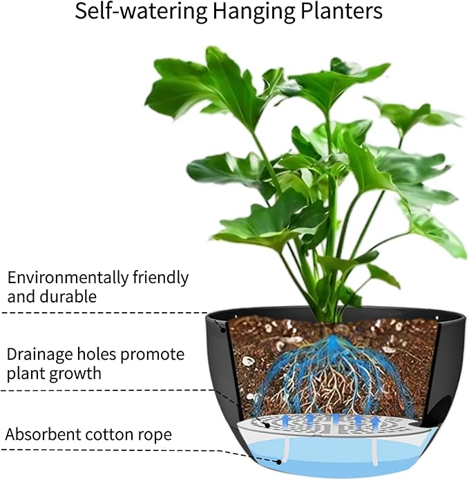 2 Pack Hanging Planters for Indoor Outdoor Plants, 12 Inch Self Watering Hanging Pot with Drainage Holes and Saucer, Plastic Plant Pots, Black Flower Pots for Kitchen, Balcony, Garden-HomvellaHome