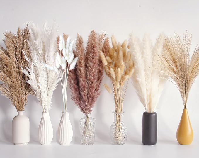 125 PCS Dried Pampas Grass Bouquet, Boho Table Decor, Bunny Tails Dried Flowers, Brown Pampas, White Pampas Grass for Weddings, Home Decor, Rustic Parties, and Baby Shower Decorations-HomvellaHome