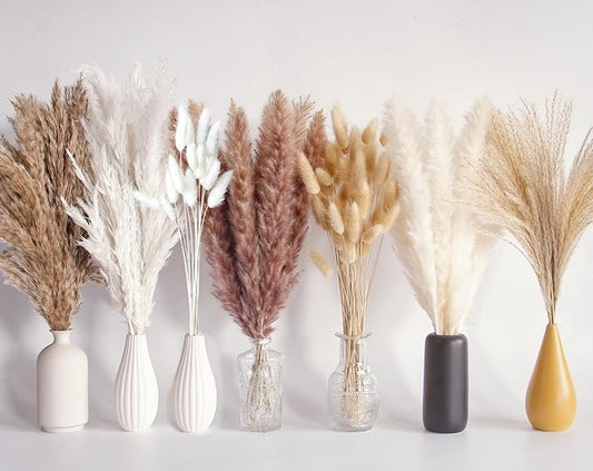 125 PCS Dried Pampas Grass Bouquet, Boho Table Decor, Bunny Tails Dried Flowers, Brown Pampas, White Pampas Grass for Weddings, Home Decor, Rustic Parties, and Baby Shower Decorations-HomvellaHome