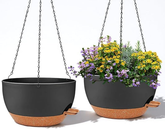 2 Pack 12 Inch Large Hanging Planters with Chains Self Watering Black Brown Plastic Hanging Pots for Indoor Outdoor Plants, Garden Porch Home Decor，Black Brown-HomvellaHome