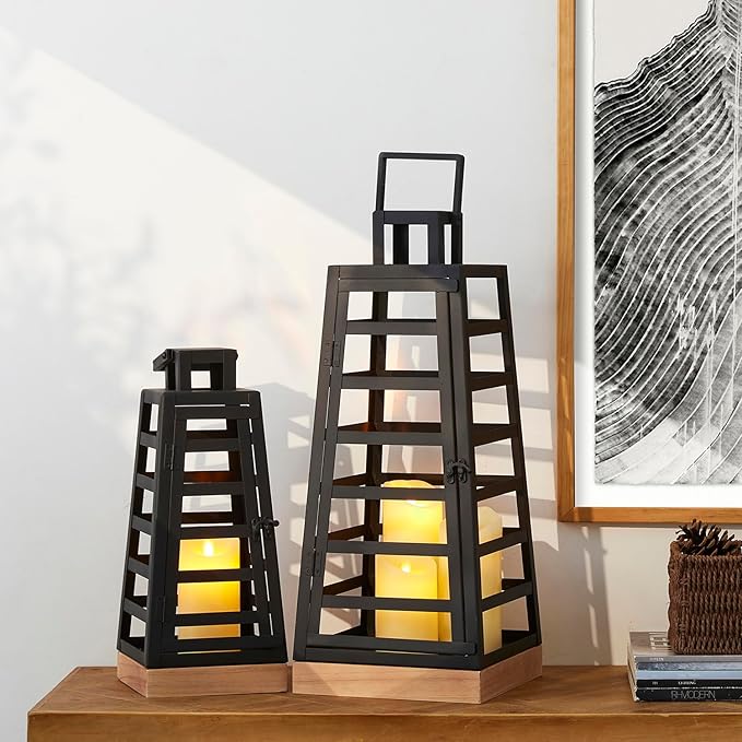 Glitzhome Set of 2 Modern Trapezoid Metal/Wood Decorative Lanterns,Large Candle Lanterns for Living Room,Home,Indoor, Outdoor,Table,Fireplace Mantle Decor -Black(No Glass)-HomvellaHome