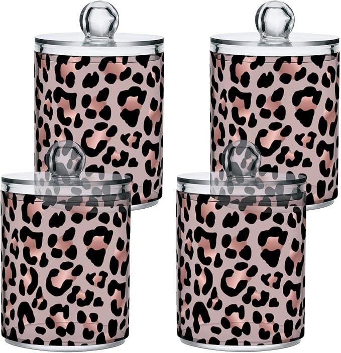 2 Pack Qtip Holder Dispenser Rose Gold Black Leopard Bathroom Storage Canister Lid Acrylic Plastic Apothecary Jar Set Vanity Makeup Organizer for Cotton Swab/Ball/Round Pads, Floss-HomvellaHome