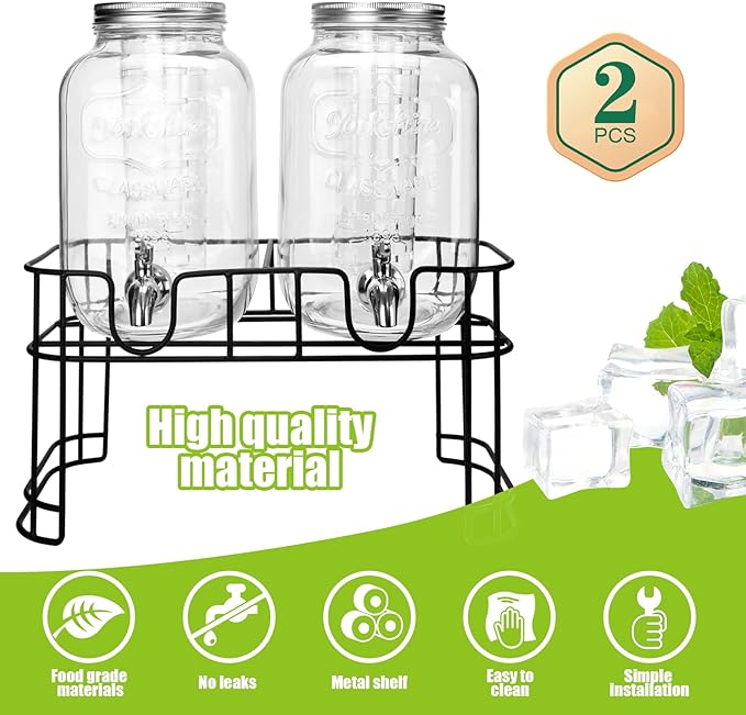 1 Gallon Glass Drink Dispensers For Parties 2PACK.Beverage Dispenser,Glass Drink Dispenser With Stand And Stainless Steel Spigot 100% Leakproof.Lemonade Dispenser With Ice Cylinder.Laundry Detergent-HomvellaHome