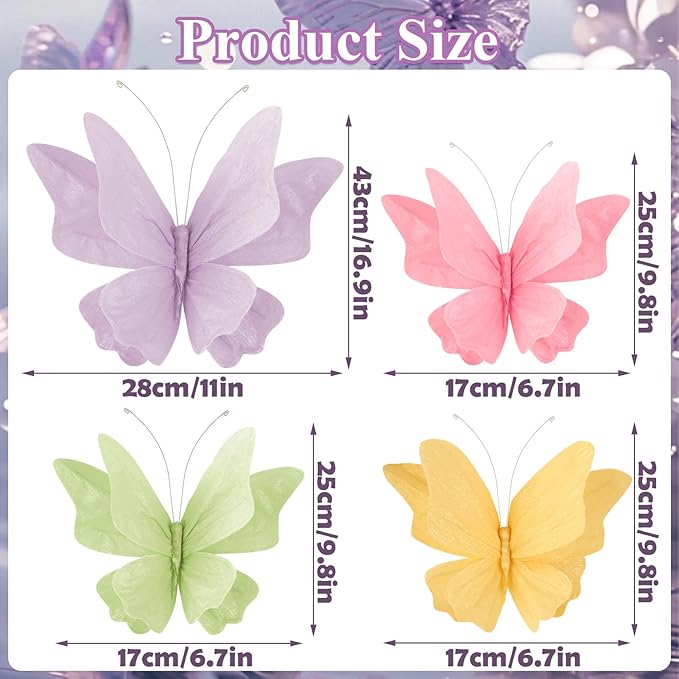SUNBEAUTY Butterfly Party Decorations, 3D Paper Butterfly Decoration, Hanging Paper Butterfly for Baby Shower Decorations Girls, Women, Paper Flowers for Wall Decoration, Set of 4-HomvellaHome