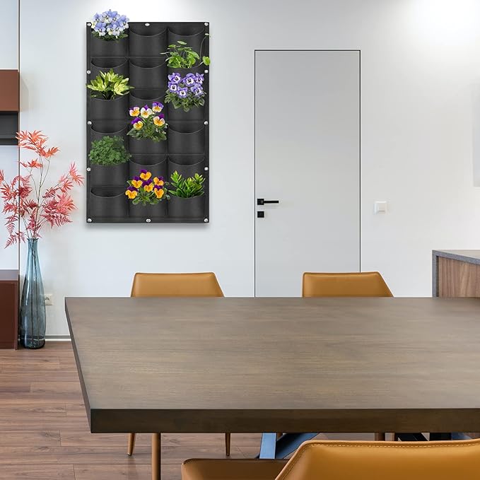 18 Pockets Hanging Planter Bags, Hanging Vertical Wall Mounted Plant Planting Grow Bags, Herb Garden Planter Outdoor Indoor Growing Bag, Gardening Vertical Greening Flower Container(1m×0.5m, Black)-HomvellaHome