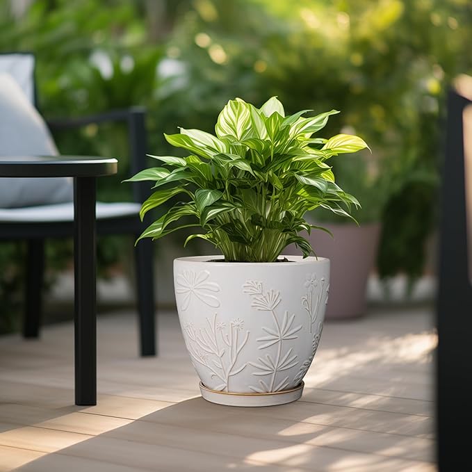10 Inch Plant Pot Ceramic Planter Pot with Drainage Hole and Saucer Round Planter Large Flower Pot for Indoor Outdoor Plants Home Garden Decor White-HomvellaHome