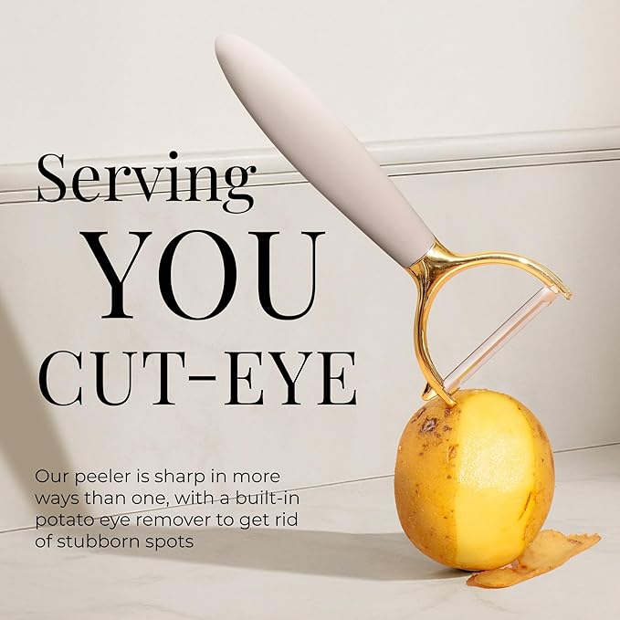 Gold and Beige Kitchen Utensils Set – 8 PC Cooking Gadgets with Mini Gold Whisk and Tongs, Pizza Cutter, Garlic Press, Cheese Grater, Peeler, Can Opener, Scoops – Stylish Beige Kitchen Accessories-HomvellaHome