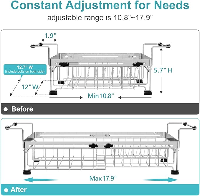 GSlife Stainless Steel Dish Drying Rack - Capacity Expandable in Sink Dish Drainer with Silicone Mat, Over Sink Dish Rack with Utensil Holder for Kitchen Counter, Large Capacity, Silver-HomvellaHome