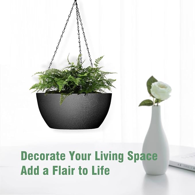 13 inch Large Hanging Planters Plant Pots for Outdoor Indoor Plants with Drainage Holes and Chain, 2 Pack Round Hanging Flower Pots for Garden Home Porch Decor, Black-HomvellaHome