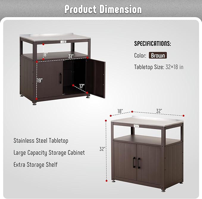 Garden Potting Bench with Storage Cabinet,Outdoor Gardening Table & Work Bench for Plants, Horticulture,Outdoor Workstation with Stainless Steel Tabletop,Outdoor Work Table-HomvellaHome