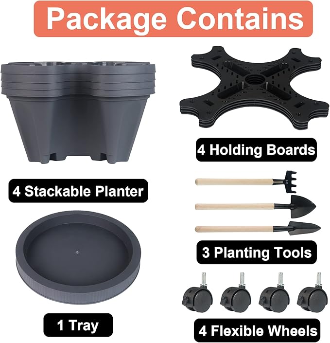 Vertical Planter 4 Tier Stackable Planters Garden Planters Strawberry Herb Flower and Vegetable Planter Indoor Outdoor Gardening Pots with Removable Wheels and Tools-HomvellaHome