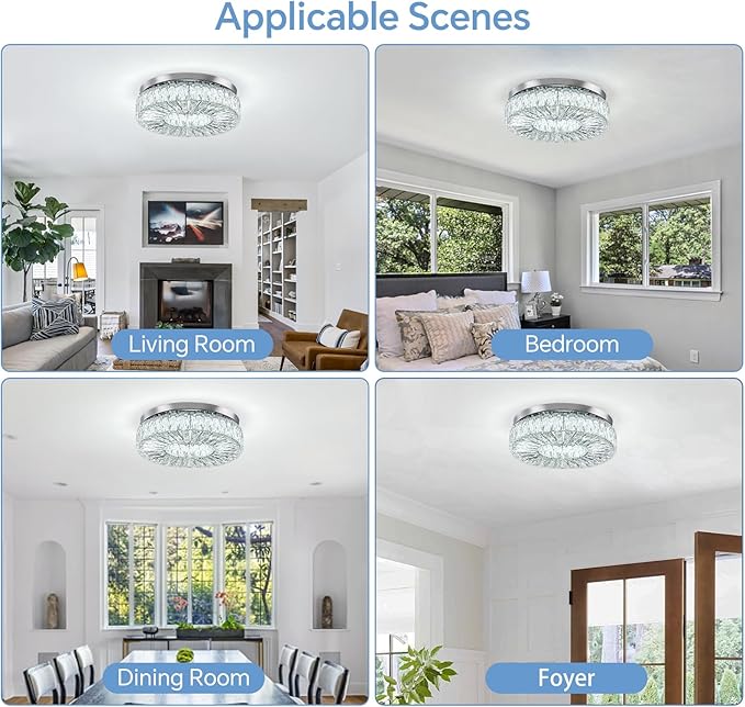 16.5 Inch Dimmable Chandelier with Remote Control LED Crystal Chandelier Modern Flush Mount Ceiling Light Fixtures for Living Room Bedroom Dining Room Entrance (dimmable-16.5")-HomvellaHome