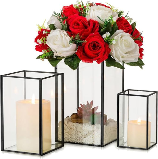 Glass Hurricane Candle Holder Large - Hewory 3pcs Black Rectangle Flower Holders Centerpiece for Table, Tall Floor Square Pillar Candle Lantern for Wedding, Anniversary, Party, Fireplace, Dining Room-HomvellaHome