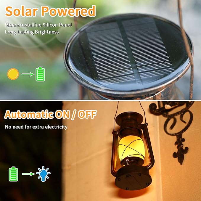 2 Pack Solar Hanging Lantern Outdoor, Solar Powered, Auto On/Off Waterproof LED Flame Umbrella Vintage Lights for Garden, Patio, Yard, Flickering Flameless Candle Mission Lights for Table, Party-HomvellaHome