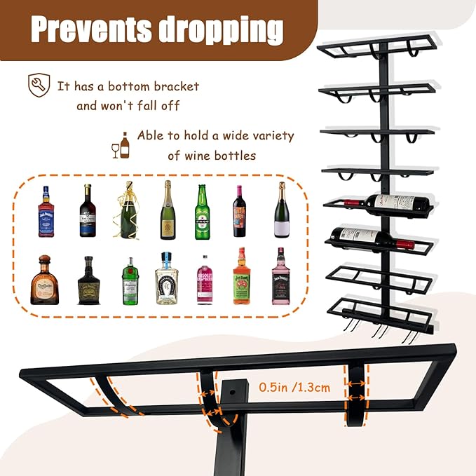 10 Bottle Wall Mount Wine Rack with Wine Glass Holder, Metal Wine Wall Rack, Wall Racks for Wine Bottles Display and Storage, Hanging Bottle Organizer for Living Dining Room Wine Cellar Bar (Black)-HomvellaHome
