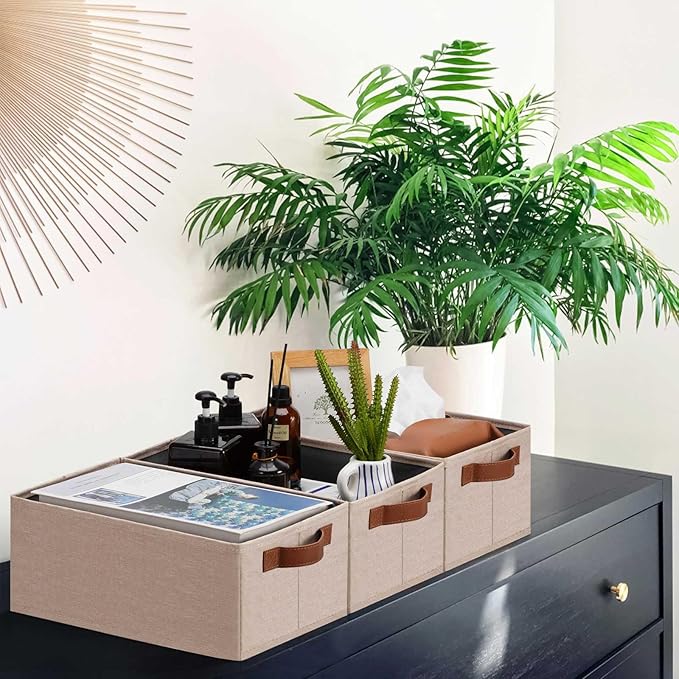 GhvyenntteS Small Fabric Storage Bins 6 Pack, 11.8" x 7.87" x 5.11" Storage Basket with Leather Handles, Closet Storage Bins for Shelves, Storage Baskets for Shelves, DVD Storage (Beige Yellow)-HomvellaHome