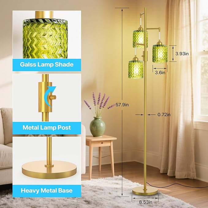 Gold Floor Lamp for Living Room, Vintage 3-Light Green Glass Standing Lamp, Brass Base Mid Century Modern, Retro Tree Design Tall Floor Lamps-HomvellaHome