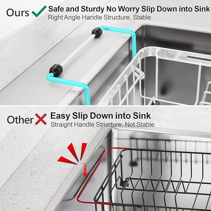 GSlife Expandable in Sink Dish Drying Rack Small with Silicone Mat - Stainless Steel Capacity Adjustable Over The Sink Dish Rack with Utensil Holder for Counter or Inside Sink (12.4" -16.8"), Silver-HomvellaHome
