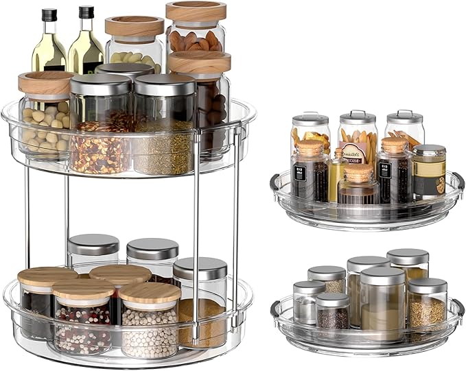 2 Pack Lazy Susan Organizer 9.25''and 11.81'' Two-Tier Lazy Susan Turntable for Cabinet, Spice Rack, and Pantry Storage - Spinning Makeup Organizer for Bathroom, Clear-HomvellaHome