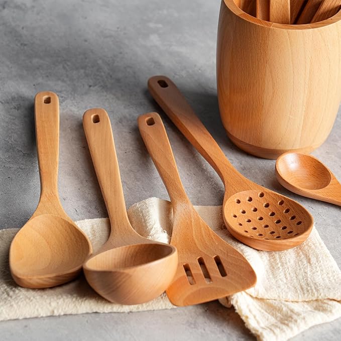 11 PCS WOSPONFAN Kitchen Utensils Set - Wooden Spoons for Cooking, Natural Beech Wood Wooden Utensils - Includes Wooden Spoons, Spatula Set, Slotted Spoon - Handmade Wooden Spoon Set-HomvellaHome