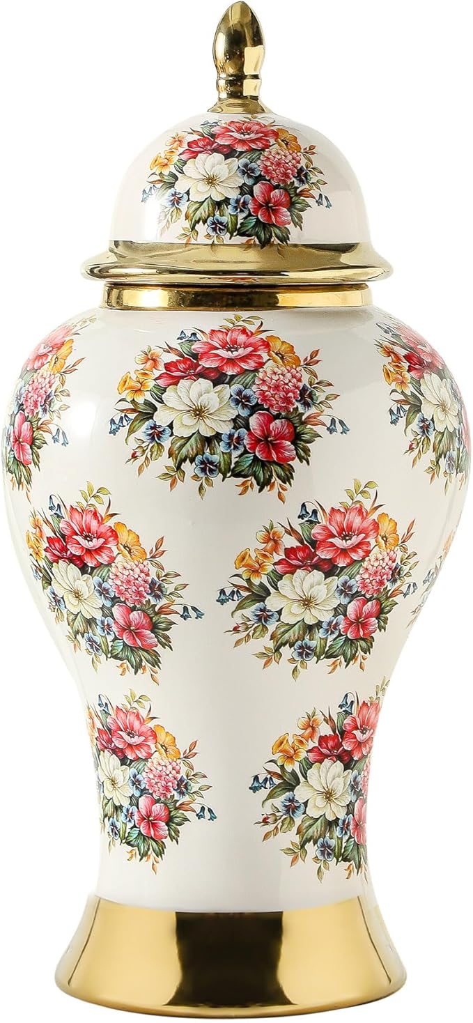 Ginger Jars for Home Decor, White Gold Ceramic Vase with Colorful Floral Pattern, Handmade Decorative Flower Vase with Lid for Home, Kitchen, Office, Table, Bookshelf, Mantle Fireplace,(18in)-HomvellaHome