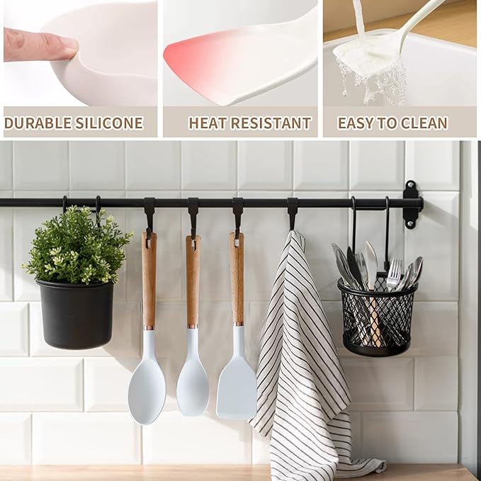 13-Piece silicone utensil set wood handle nonstick cookware safe dishwasher safe kitchen tools BPA free heat resistant (450°F/230°C) ceramic pan safe cooking gifts housewarming (White)-HomvellaHome