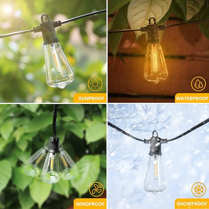 100FT Outdoor String Lights, LED Patio Lights with 50+3 ST38 Vintage Edison Shatterproof Bulbs, IP65 Weatherproof Outside Hanging Lights for Backyard Bistro Cafe Garden(50FTx2)-HomvellaHome