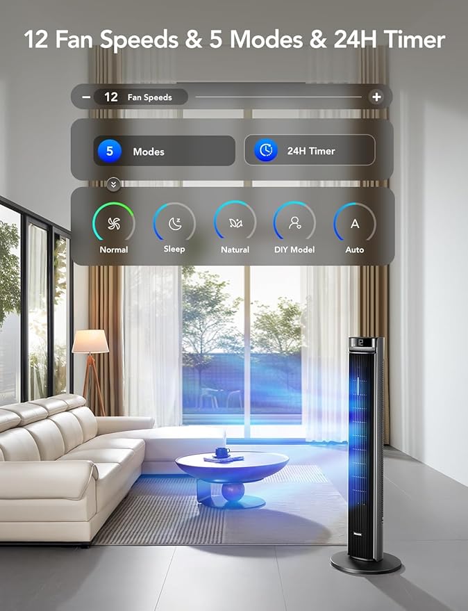 GoveeLife 42'' Tower Fan for Bedroom, Smart Floor Fans with 150° Adjustable Oscillating, APP & Voice Control, 5 Modes 12 Speeds up to 26ft/s, 24H Timer, 27dB Quiet Fan for Cooling Home Office Silver-HomvellaHome