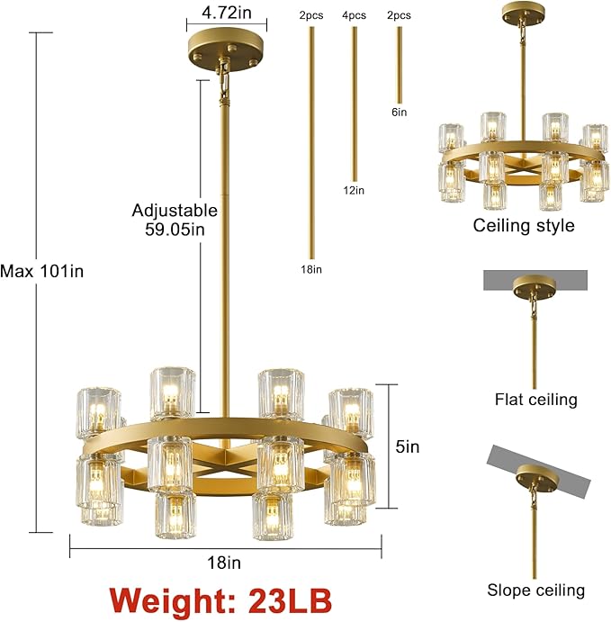 Gold Chandelier Light Fixture Kitchen and Dining, 16-Lights Modern Chandeliers for Dining Room, 18" Farmhouse Kitchen Pendant Lights Over Table, Crystal Wagon Wheel Chandelier(Bulbs Included)-HomvellaHome