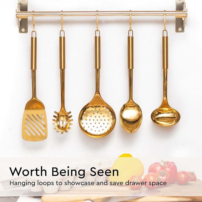 Gold Cooking Utensils Set – 5-Piece Stainless Steel Kitchen Tools for Modern Cooking and Serving – Dishwasher Safe Ladle, Spoon, Spatula, Pasta Fork, Luxury Brass Kitchen Accessories for Home Chefs-HomvellaHome