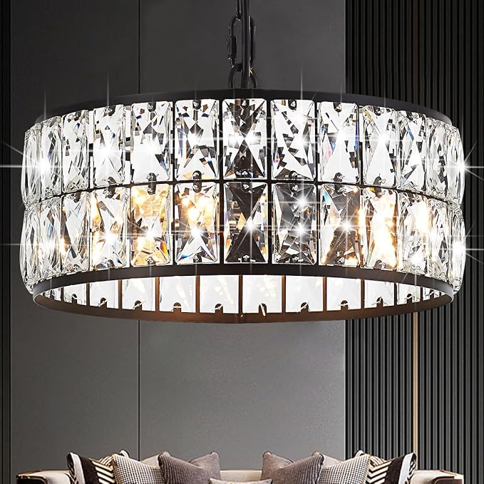 12” 3-Light Modern Crystal Chandeliers Black Dinning Room Light Fixture, Round Pendant Light Kitchen Island Chandelier, Flush Mount Ceiling Light for Living Room Entryway Bedroom Foyer-HomvellaHome