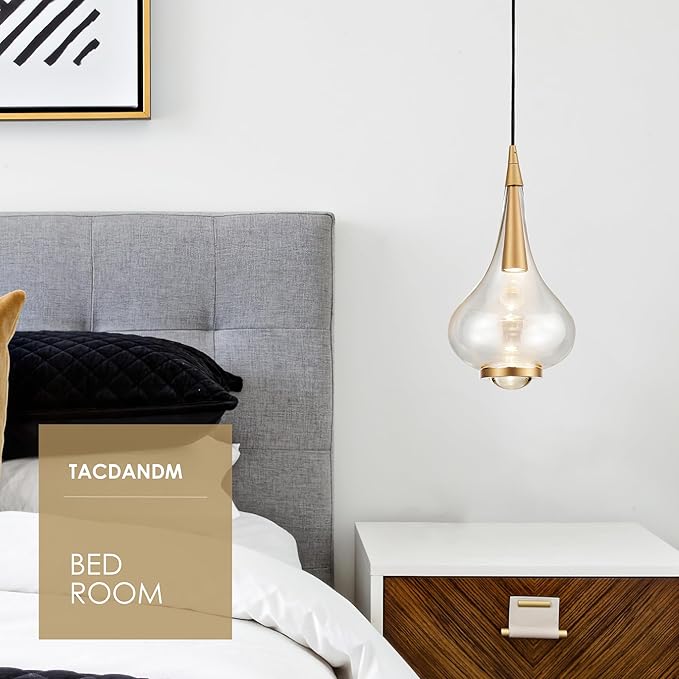 1-Light Teardrop Pendant Light, Brass Gold Ceiling Hanging Light Fxitures, LED Light Fixtures Ceiling Glass Pendant Lighting for Kitchen Island Dining Room Bar-HomvellaHome