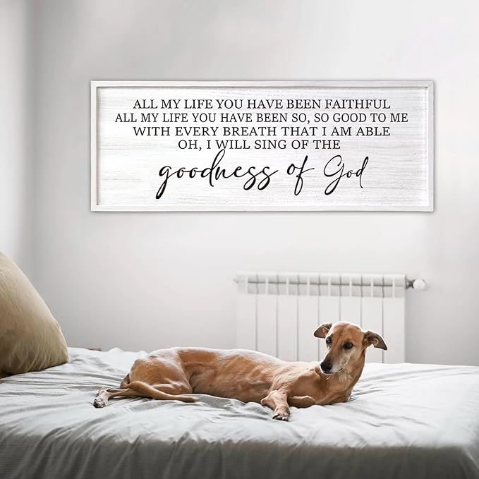 Goodness of God Framed Wall Art, 40''×15'' Positive Religious White Bible Verse for Christian God Jesus Christ Prayer, Vintage Rustic Long Holy Catholic Scripture Decor-HomvellaHome