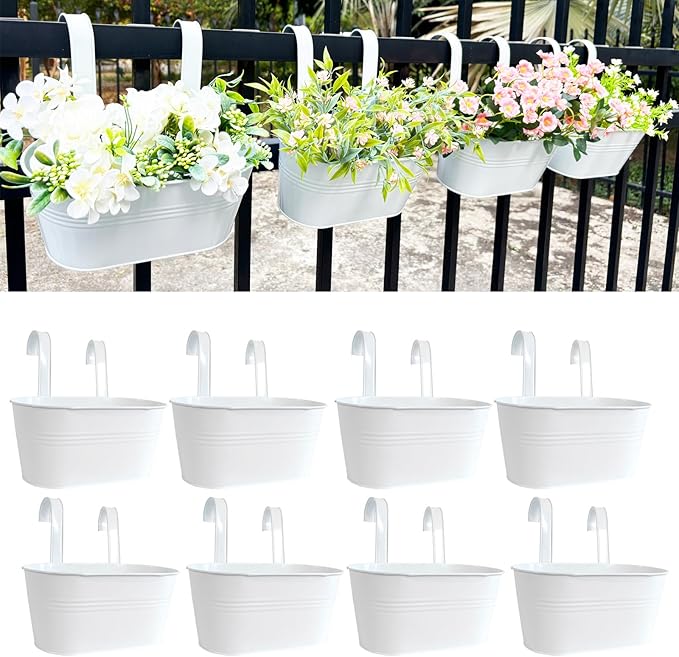 10" Hanging Flower Pots, Pack of 8 White Metal Outdoor Patio Balcony Planter, Railing Planters Fence Pot with Detachable Hook & Drainage Hole for Small Plants (White, 8Pcs)-HomvellaHome