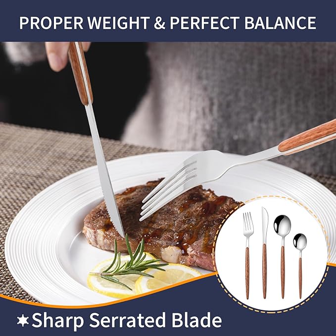 16 PCS Silverware Set for 4,Stainless Steel Flatware Cutlery Eating Utensils Set with Wood Grain Handle,Steak Knives Forks and Spoons for Home,Party,Mirror Polished and Dishwasher Safe-HomvellaHome