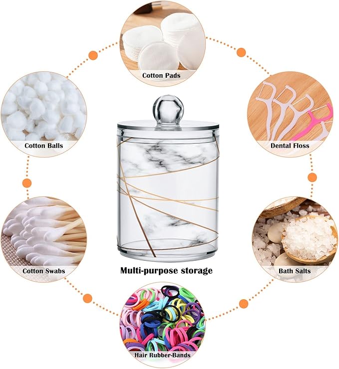 2 Pack Qtip Holder Dispenser White Marble Gold Line Bathroom Storage Canister Lid Acrylic Plastic Apothecary Jar Set Vanity Makeup Organizer for Cotton Swabs/Pads/Floss-HomvellaHome