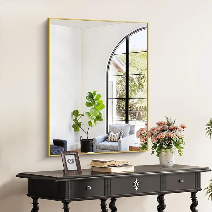 Gold Bathroom Mirror for Wall, 30x36 Inch Rectangle with Metal Frame, Modern Vanity for Bathroom Living Room, Entryway Hangs Horizontal or Vertical-HomvellaHome