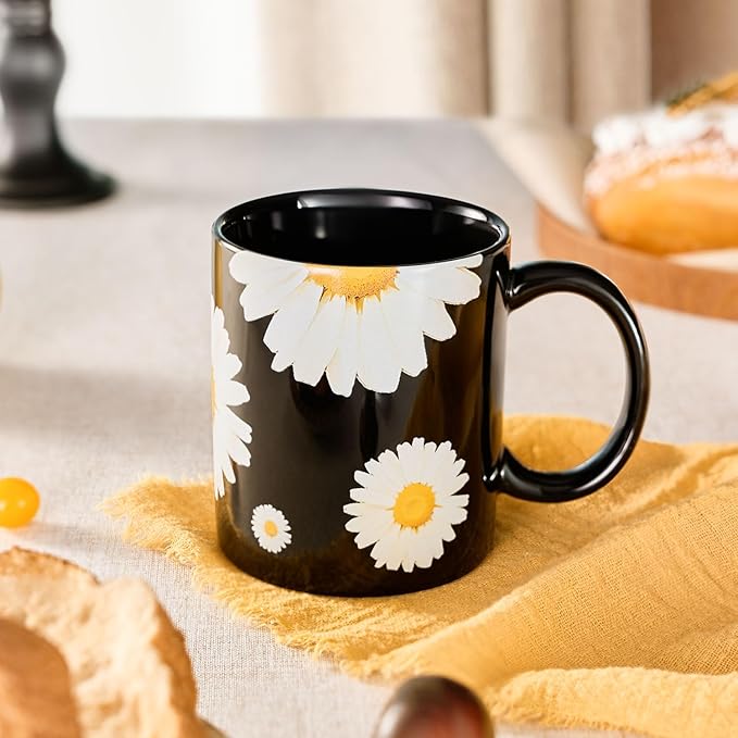 12Oz Daisy floral Black Ceramic Mug, Mug for Daily Coffee and Tea, Lead-free Microwave and Dishwasher Safe Coffee Mug, Perfect gifts for Women and men-HomvellaHome